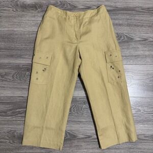 Larry Levine Petite Khaki Cargo Boho Capris Linen Blend Women Size 4P Grommets